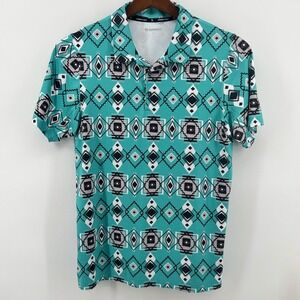 Hooey Cowboy Golf Polo Shirt Mens Medium Turquoise Southwestern Geometric Print